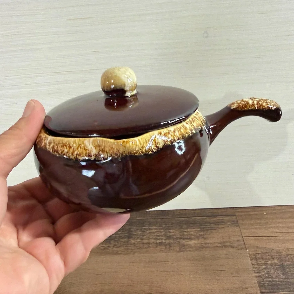 Set of 3 Vintage 70s Brown Drip Glaze French Onion Soup Crocks with Lids